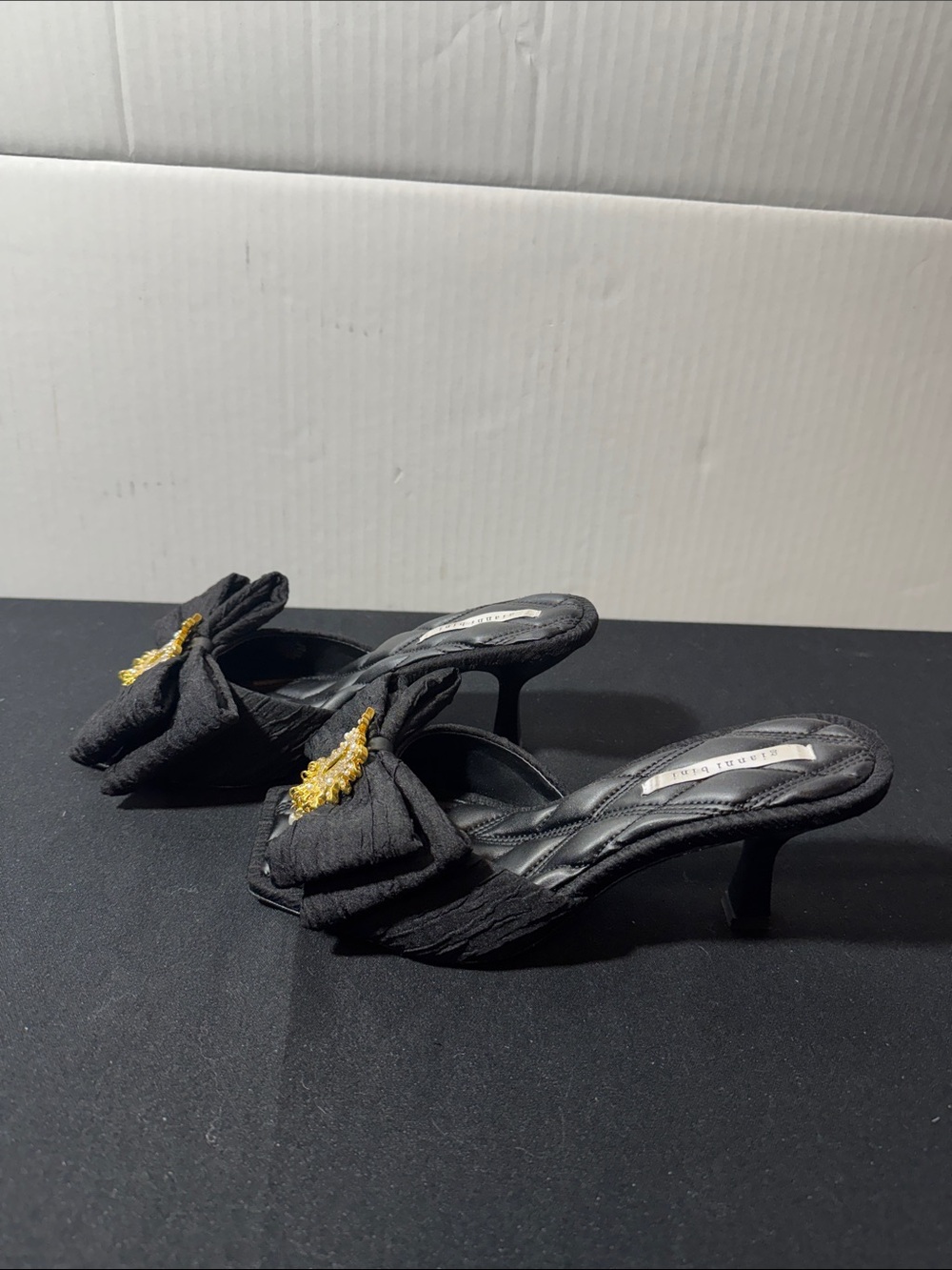 Gianni Bini Black Bow Slide Heels with Gold Embellishment - Picture 3 of 5